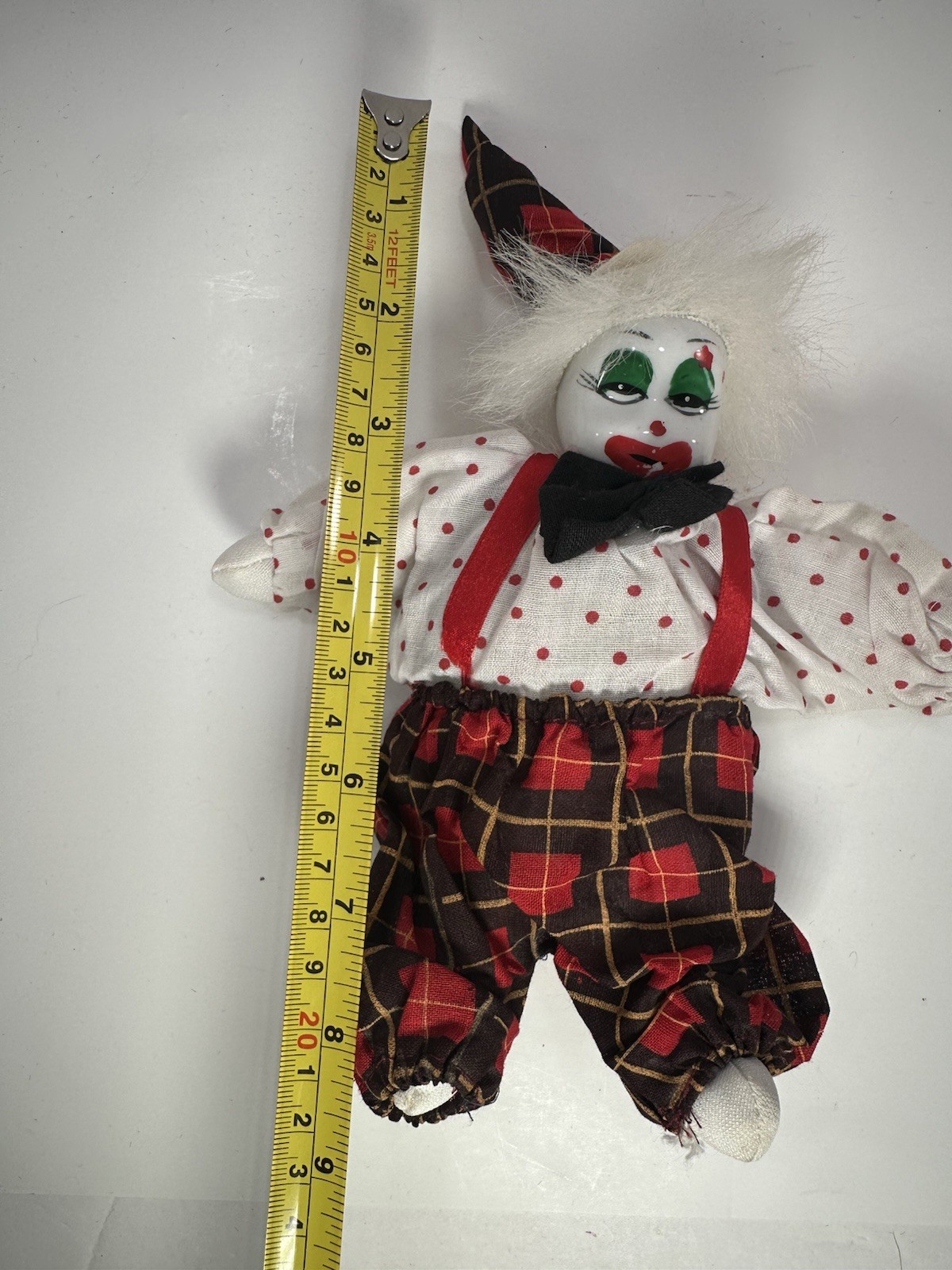 Clown Shelf Sitter With Porcelain Head And Stuffed Body 8.5” Plaid And Polka Dot