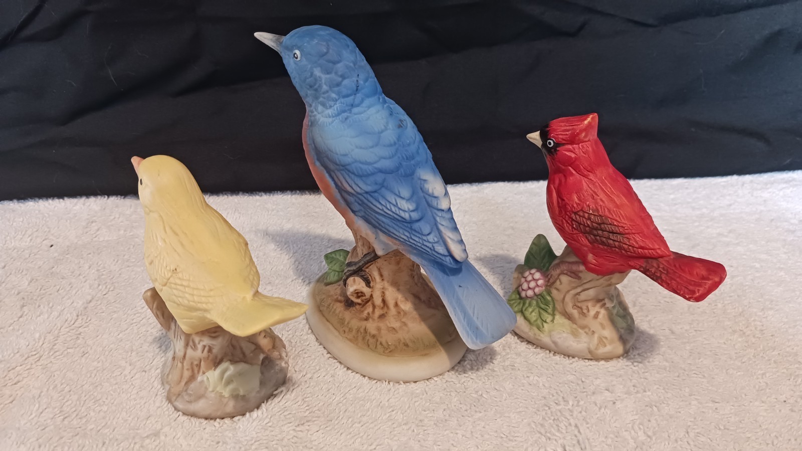 Lefton Hand Painted Bird Figurines. Cardinal, Blue Bird And Yellow Canary
