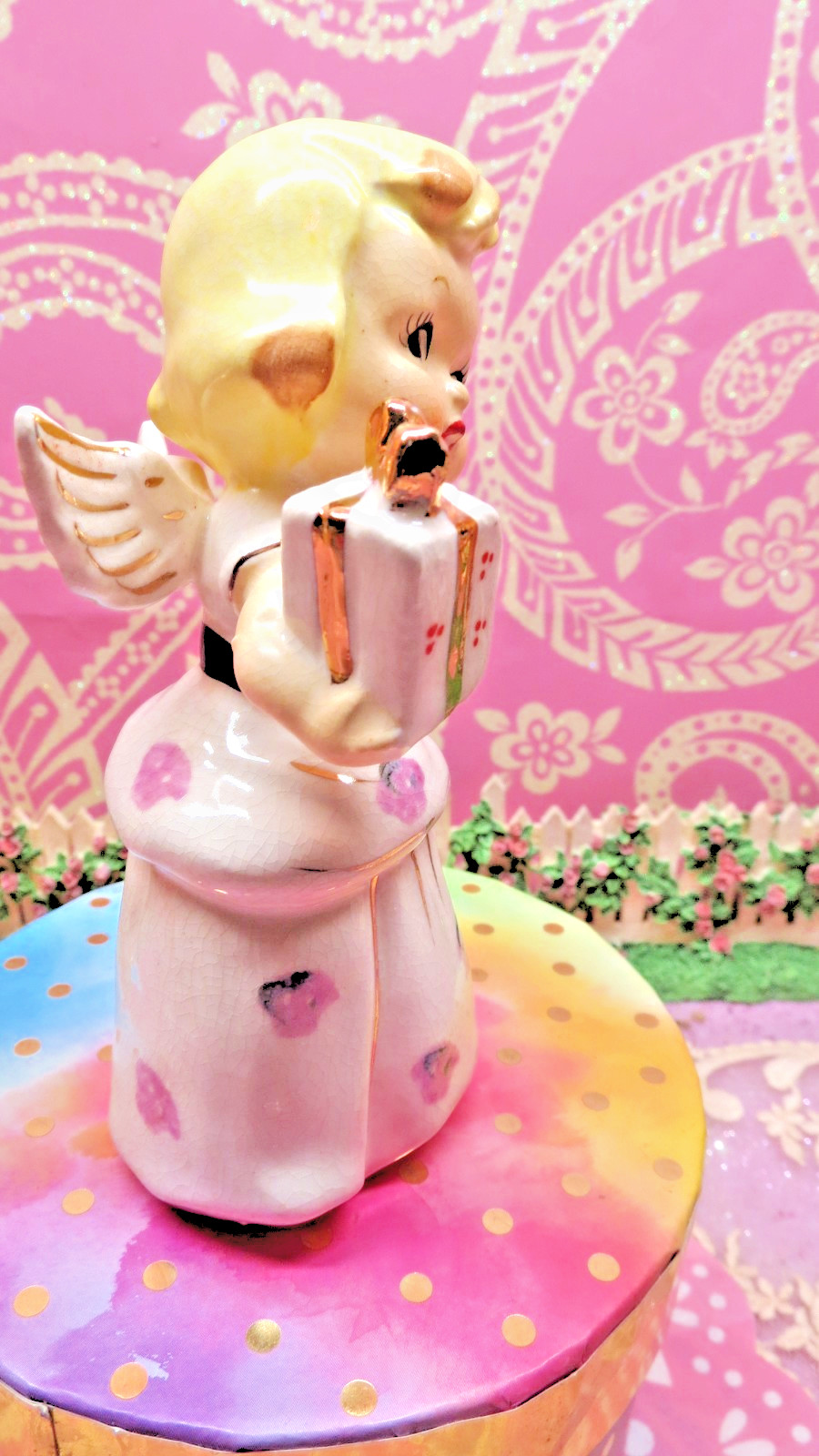 Vtg Ucagco Christmas Angel Holds Holly Berry Gift W GOLD BOW PINK ROSE DRESS