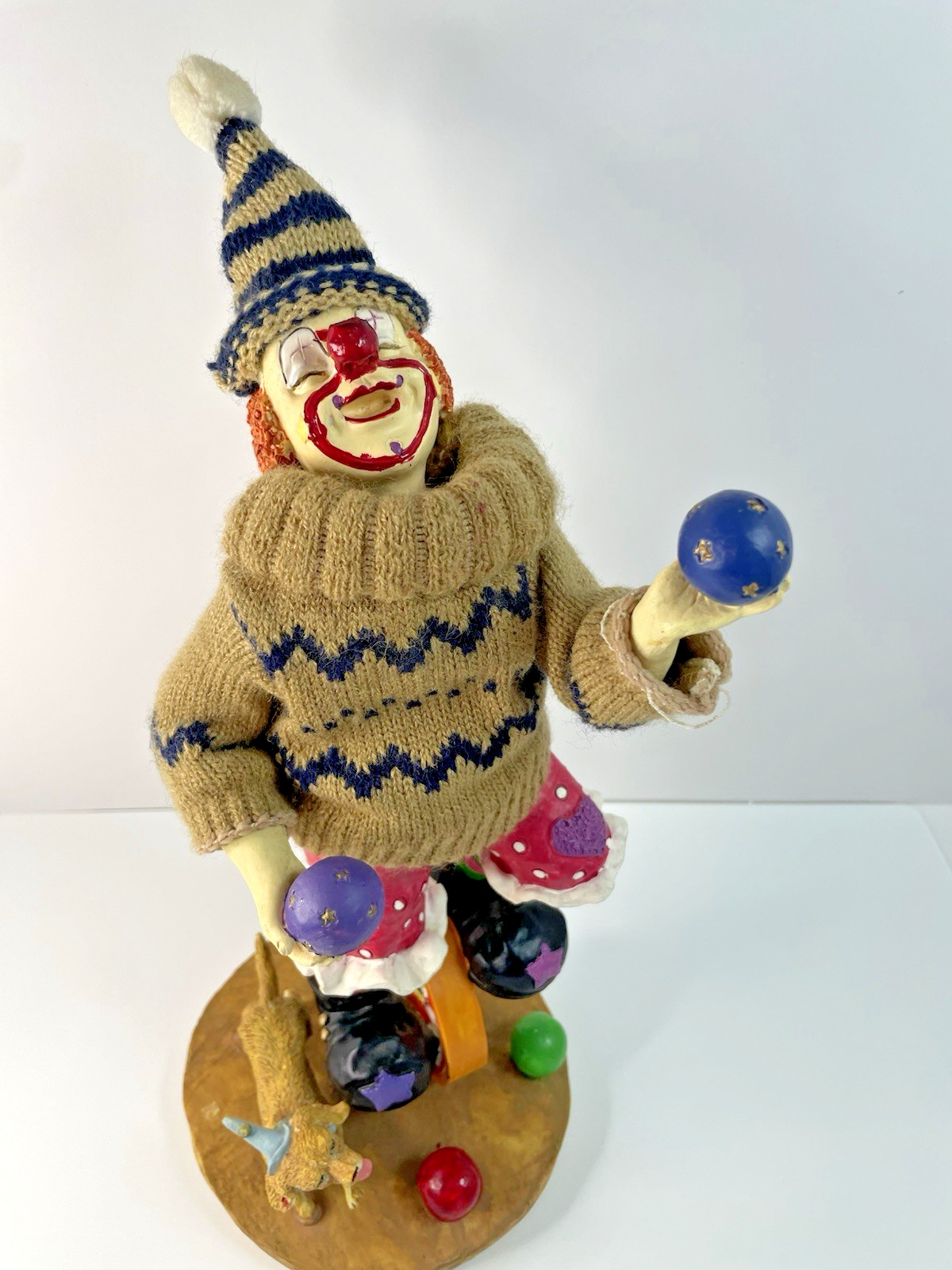VTG Juggling Clown on Unicycle Figurine with Dog, Fabric Clothes, Signed L’s 12”