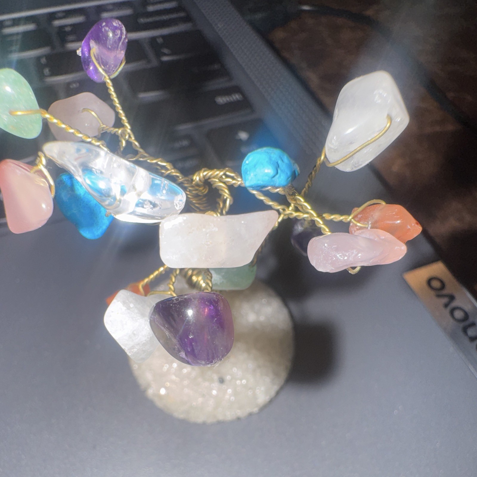 Multicolor Crystal Gemstone Wire Tree Sculpture Figurine on Sparkly Base