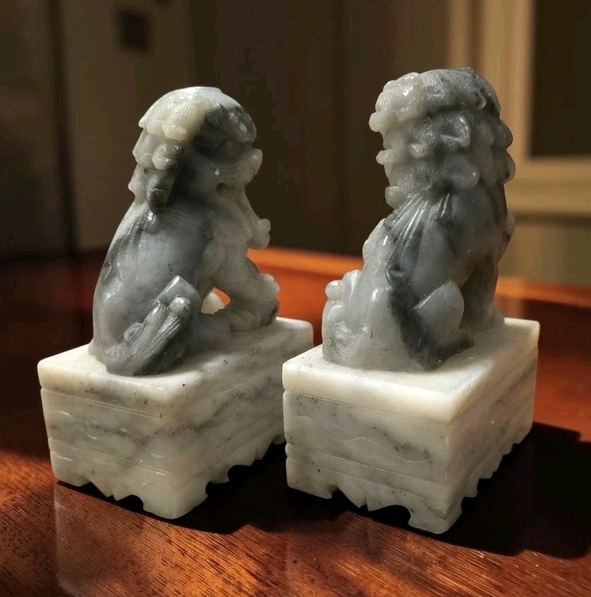 Chinese Pair Of Gray Marble Carved Soapstone Foo Dogs Guardian Lion Bookends 4″