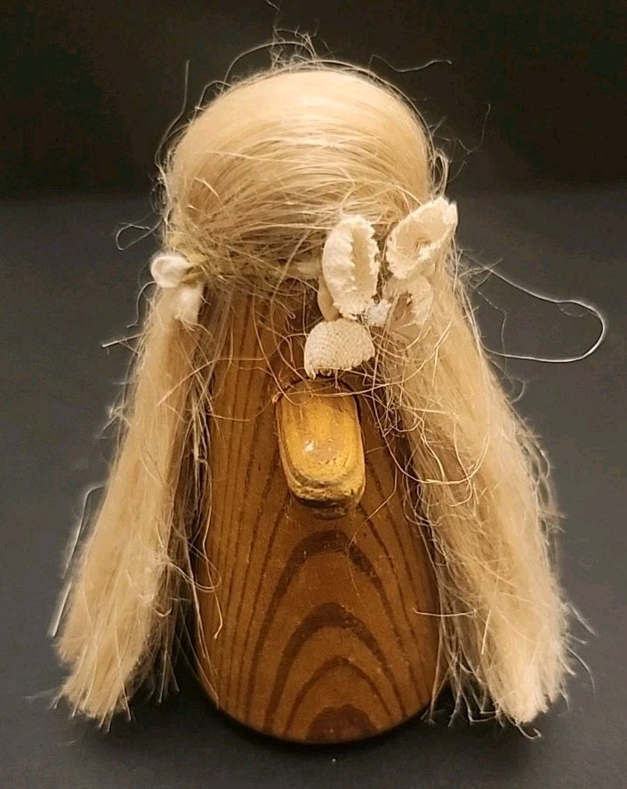 Rare 1960’s Teak Hippie Troll, Big Nose Long Blonde Hair Floral Wreath 3″