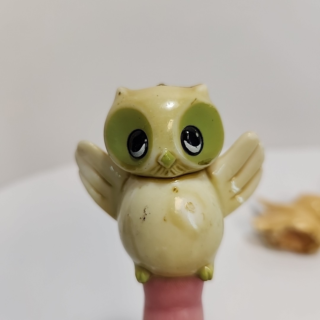 Vintage Retro MCM Miniature Wide Eyed Owl Figurines Celluloid Shelf Sitter Decor