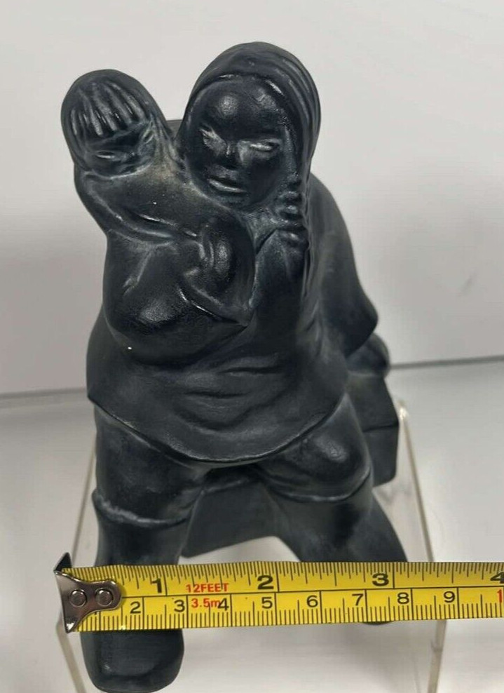 Inuit Figurine Mother Child Sculpture 5.5″ Signed Canada Handmade VTG