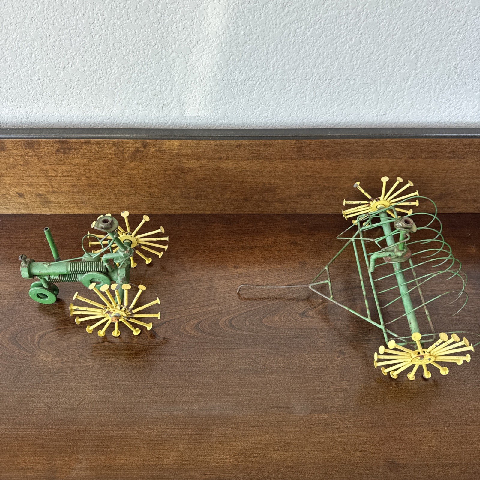 Vintage Homemade Folk Art John Deere Tractor & Plow Nuts Bolts Nails Metal Farm