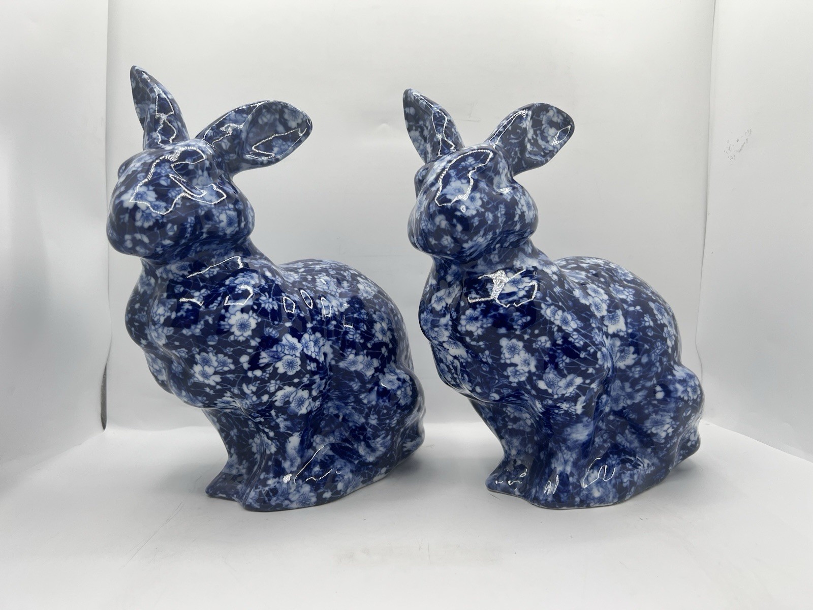 Pair Blue White Floral Ceramic Bunny Rabbits Chinoiserie Decor 12” Rare, NICE