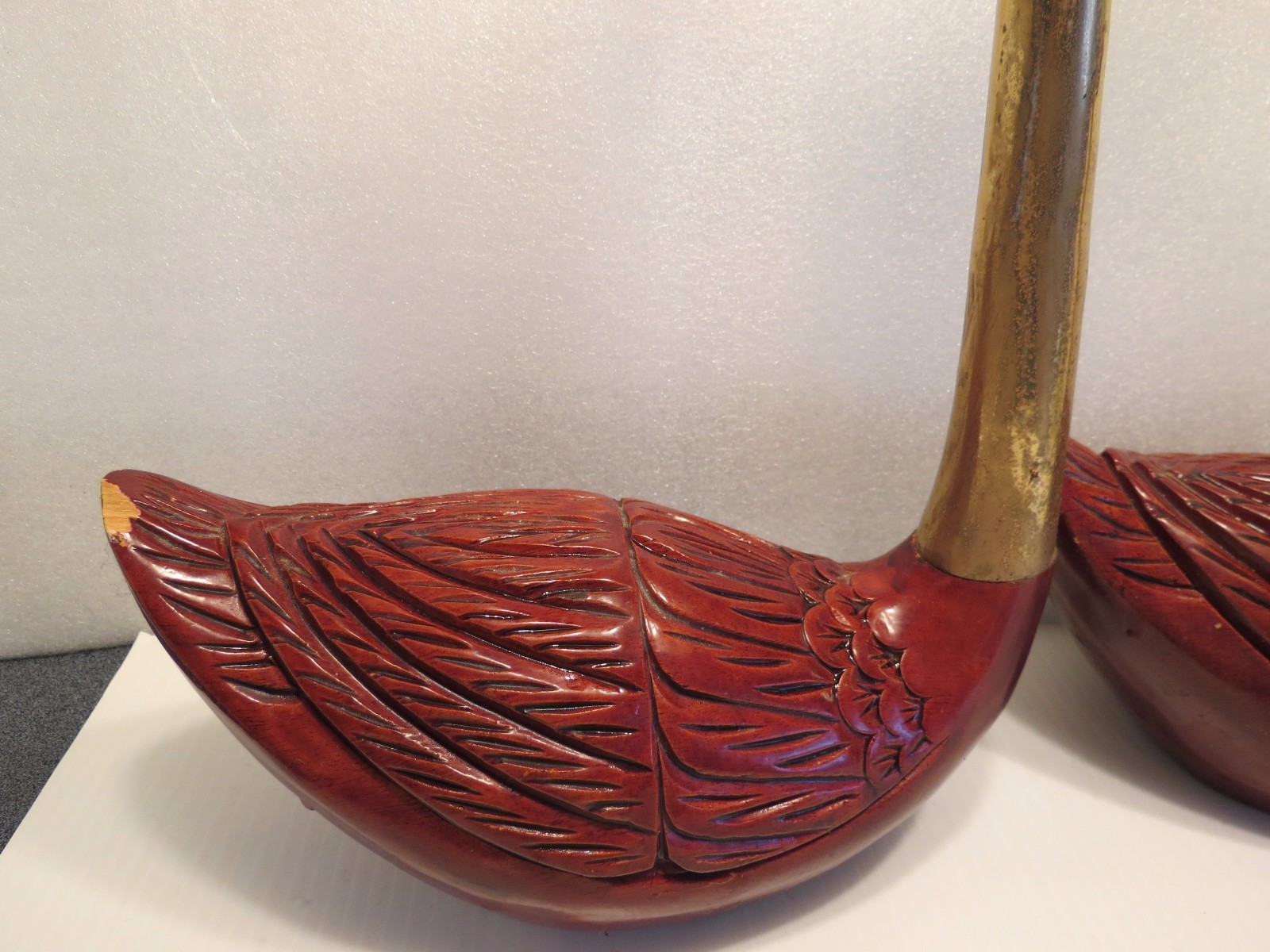 Vintage Pair Of Swans W/ Wooden Base & Brass Necks, Very Good Condition