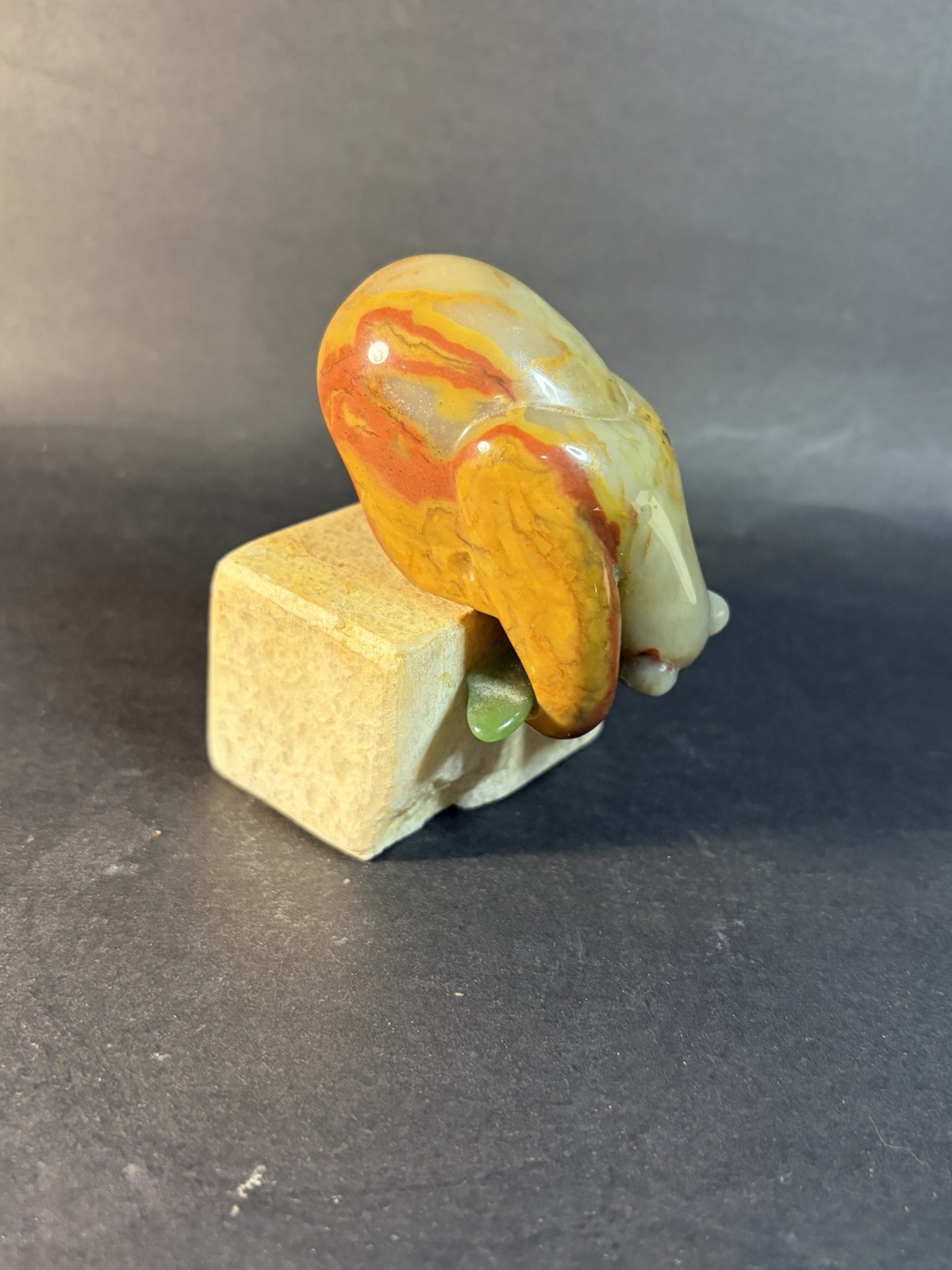 Small Carved Alabaster? Stone Bear With Fish On Stone Platform ( Crack) 3.25”