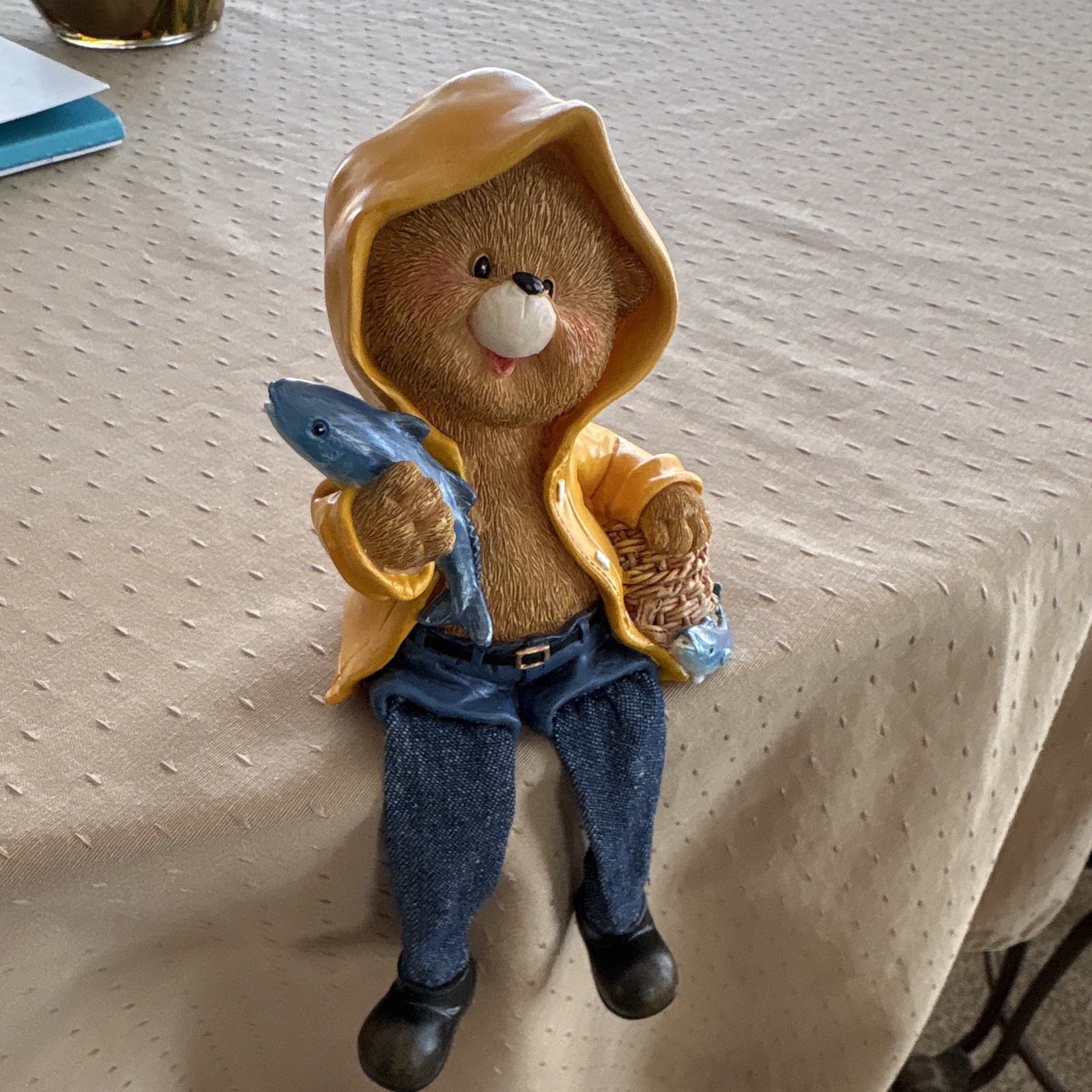 Bear Resin Figurine Yellow Raincoat Holding Fish & Basket, Blue Pants Painted