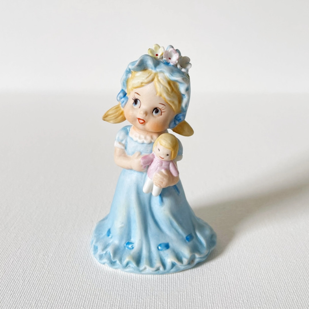 Vintage ~ Napco ~ 1956 Blue Dress Girl with Doll Figurine ~ Porcelain Bisque