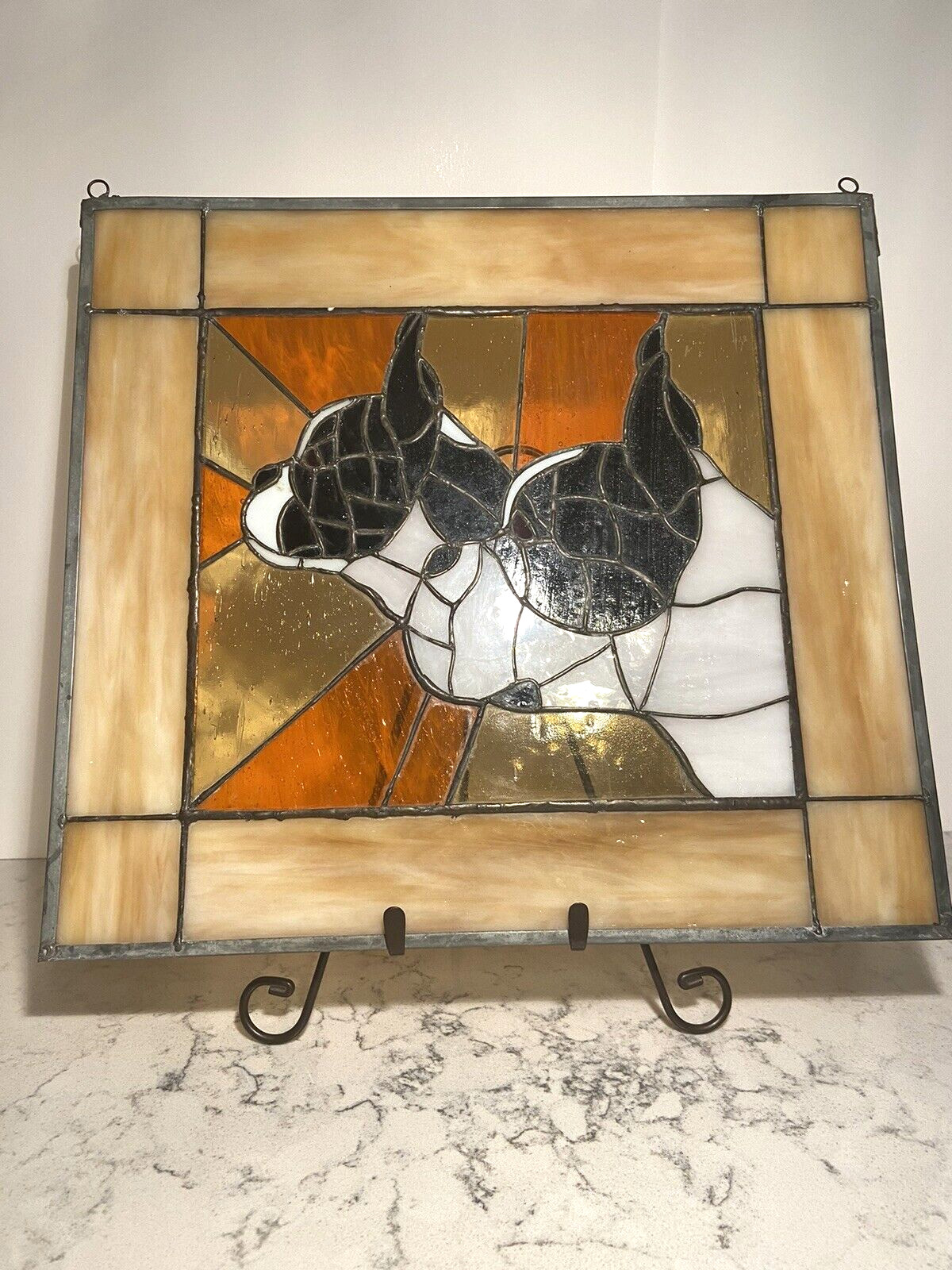 14.5×13.5″ stained glass portrait of 2 French Bulldogs