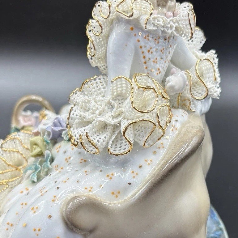 Vintage Alba Iulia Romanian Porcelain Lace Figurine Mother Child Reading (C)