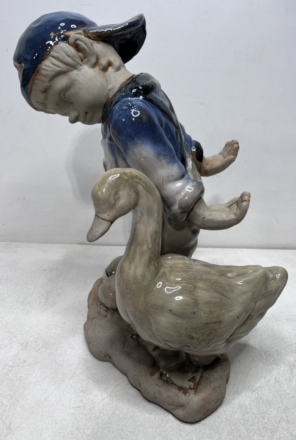 Vintage Ceramic Boy Goose Figurine 15” Hand-Glazed Child Figure Statue Blue Hat