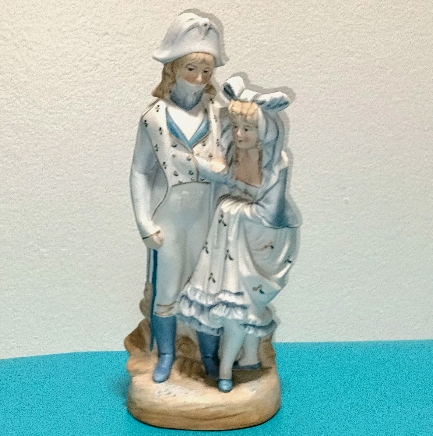 German Bisque Porcelain French Couple Atq Blue Courting 8″ Figurine Victorian