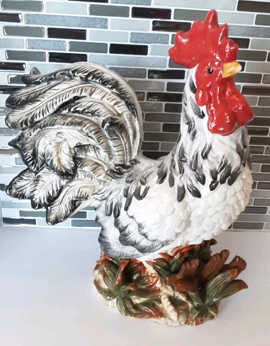 Noble Excellence Colorful & Stately Vtg 15″ Ceramic Rooster White & Black Read!