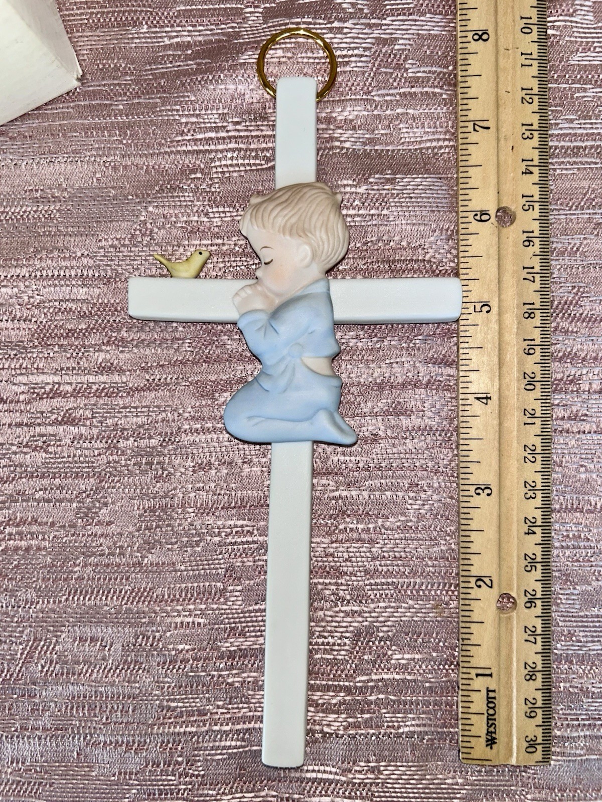Lefton Boy Facing Left Kneeling Praying W Cross Yellow Bird #05071 VTG 1985 NIB