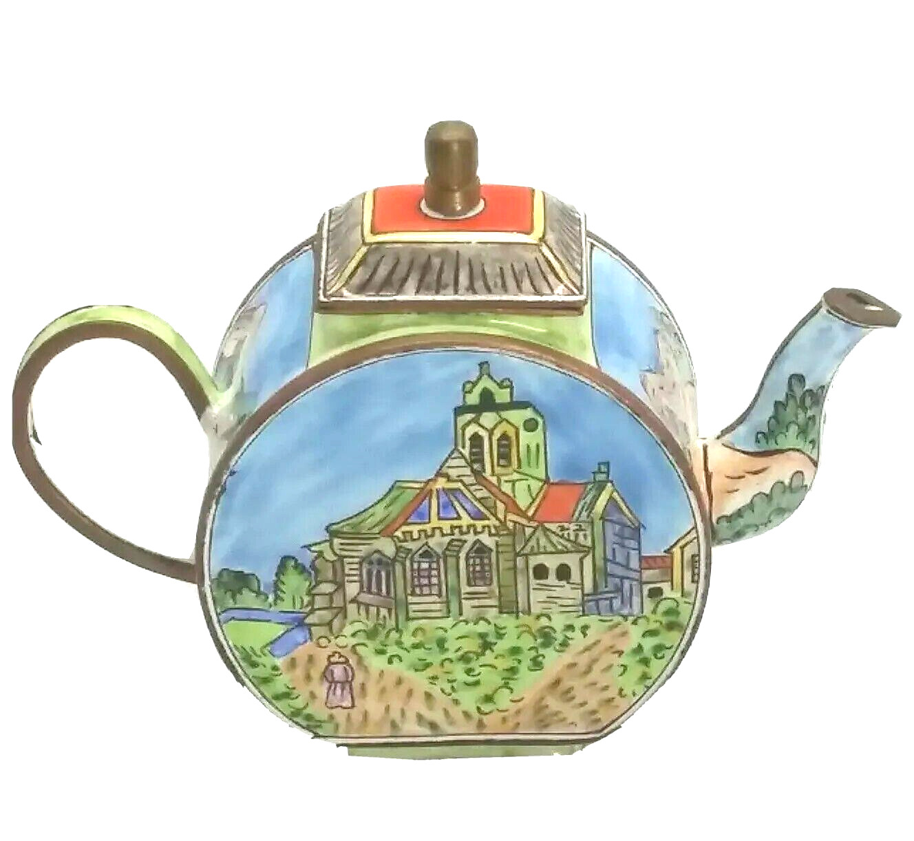 Rare Vintage KELVIN CHEN Miniature Copper Enamel Teapot Auvers- Van Gogh 3.5″