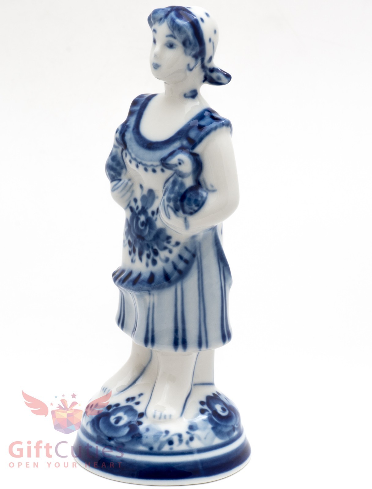 Gzhel Russian Handpainted Porcelain Folk Figurine peasant woman with birds