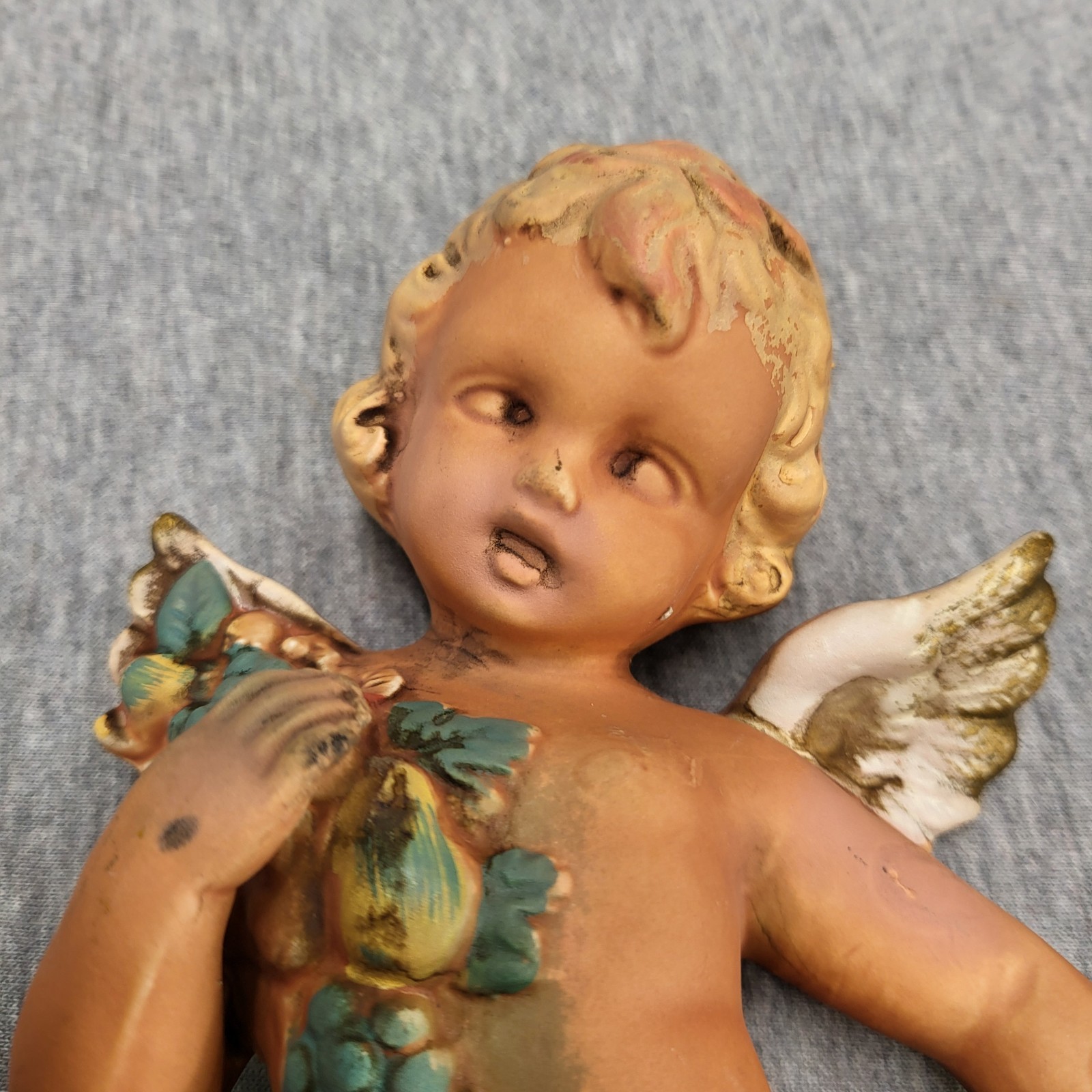 Vintage Ceramic Cherub Putti Wall Plaque Pair Harvest Fruit Angel Set of 2