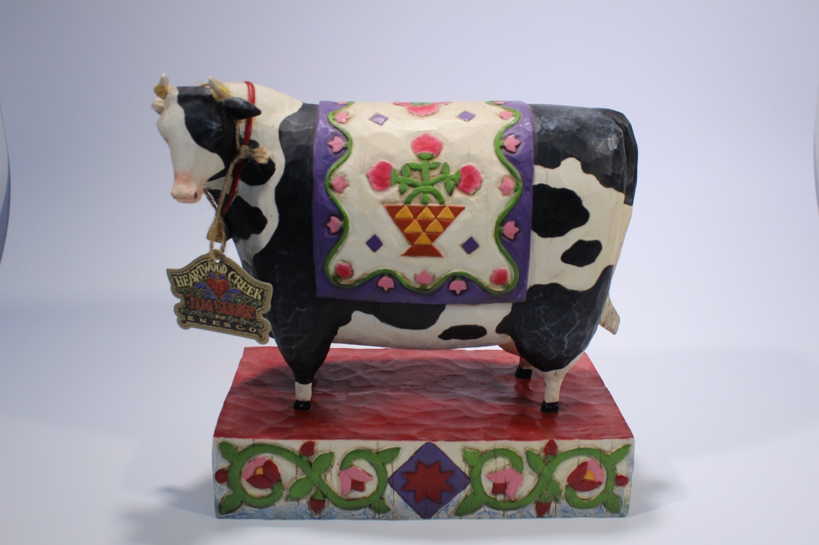 Jim Shore Heartwood 2004 Cow Quilt roses 9″ tall 8.75″ long With Tag