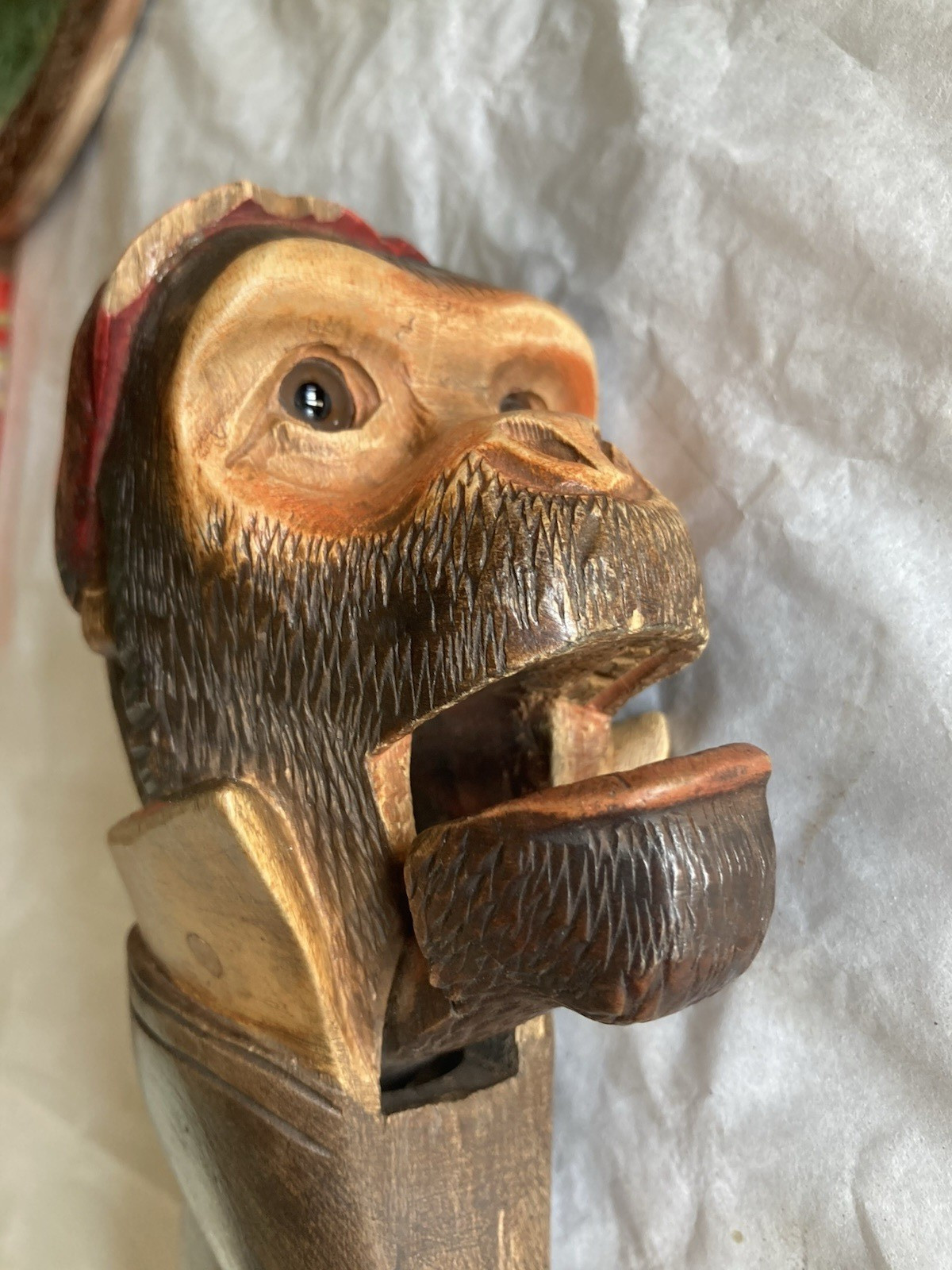 Vintage BLACK FOREST Swiss Carved Wood Ape With Collar & Glass Eyes NUTCRACKER
