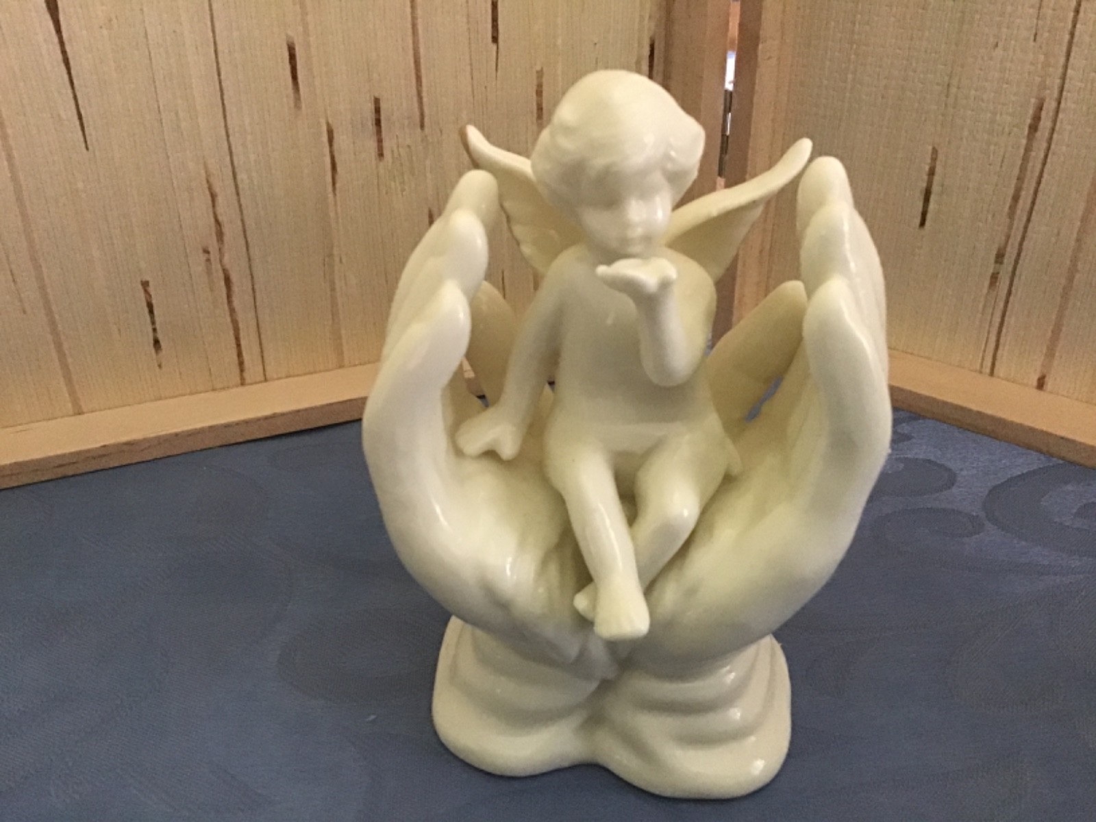 Vtg Ivory Porcelain Cherub Angel Figurine Seated in Praying Hands Gold Trim Wing