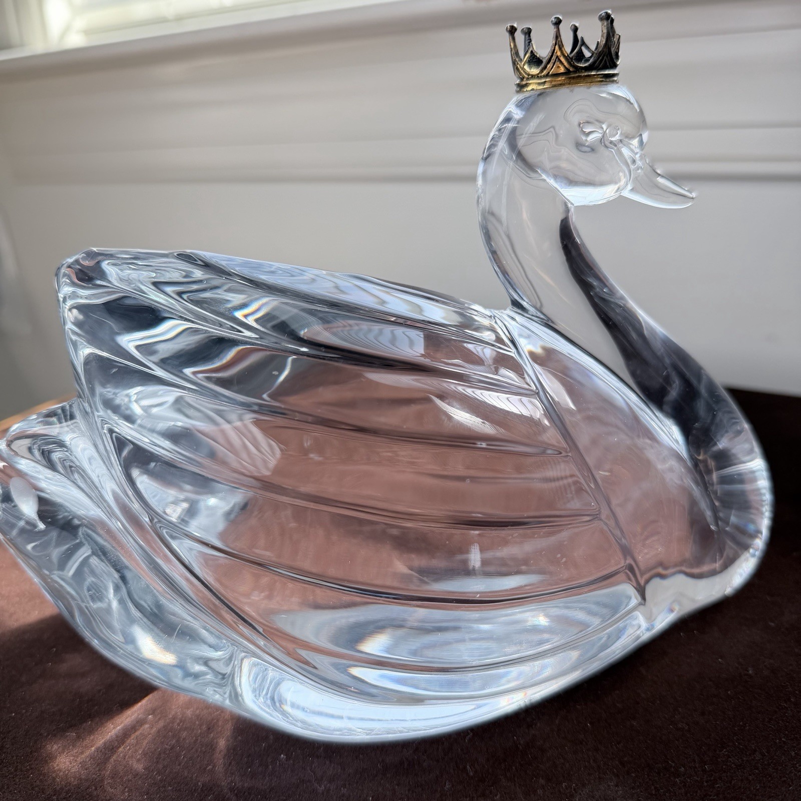 Lead Crystal Swan Figurine With Golden Crown Statue, Made in France
