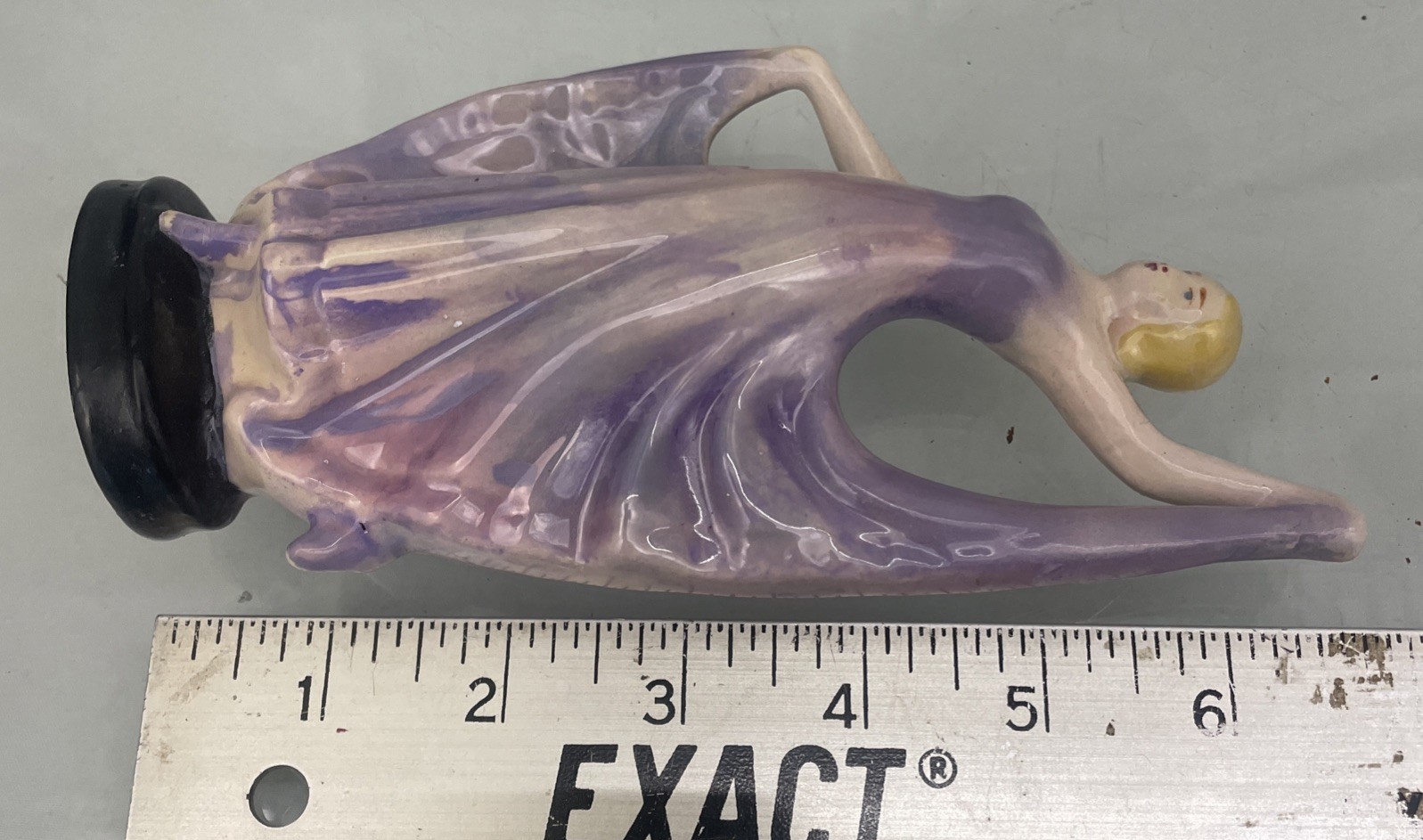 Vtg Art Deco PORCELAIN DANCING LADY Hand Painted Purple dresd Statue 7” x 2.5”