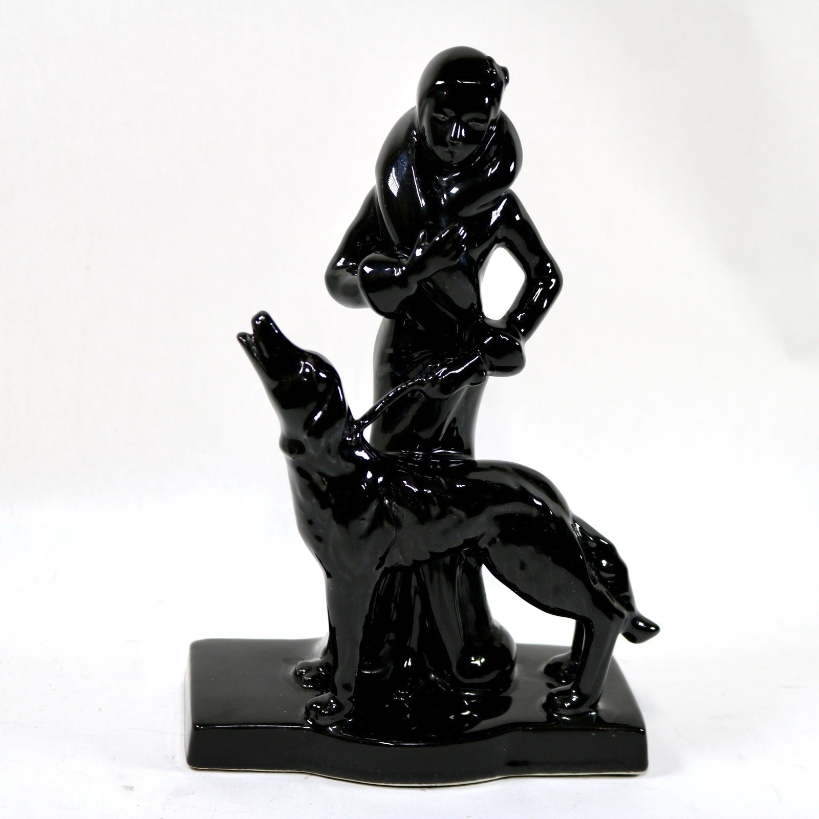 1982 Erté Style Art Deco Gloss Black Statue Woman Walking Dog by Seymour Mann