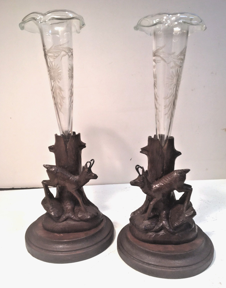 ANTIQUE BLACK FOREST SWISS WOOD CARVED PAIR HUGGLER CHAMOIS GOAT ETCHED VASES