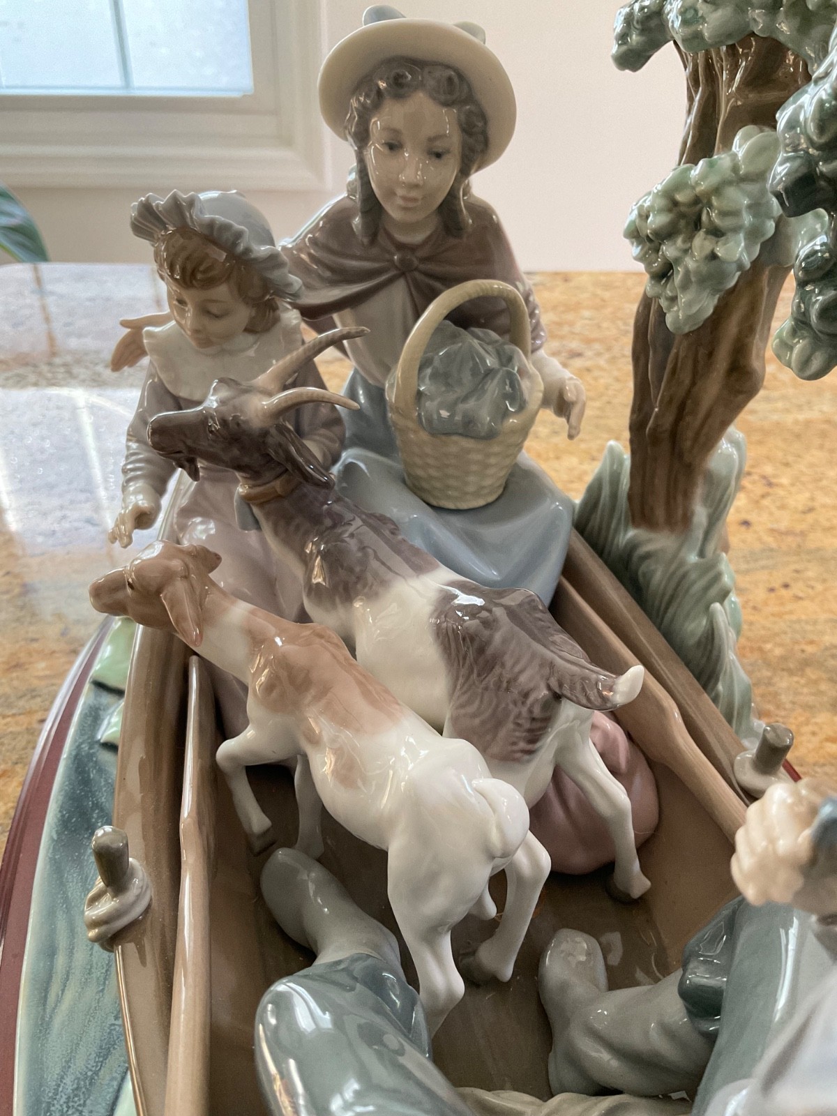 Retired Lladro Porcelain Figurine “On the Lake” #5216, Man, Family, Goats Boat