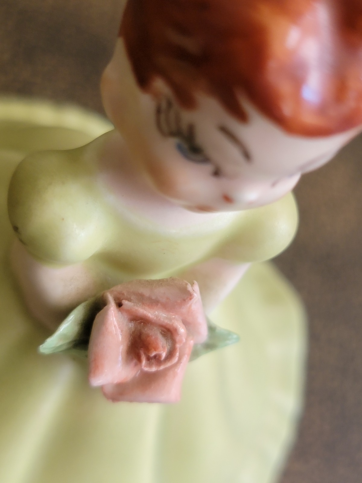 Vtg Lombardo Lady Figurines Set 2 Big Eyes Girls Green Dress Japan Style Kitsch