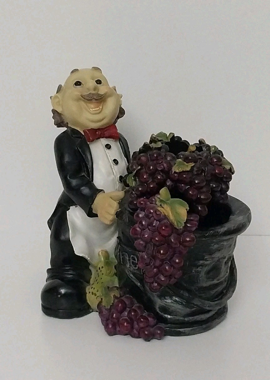 Waiter Butler Wine Bottle Holder Holding Grape Figurine Statue Tuxedo 8″ Tall