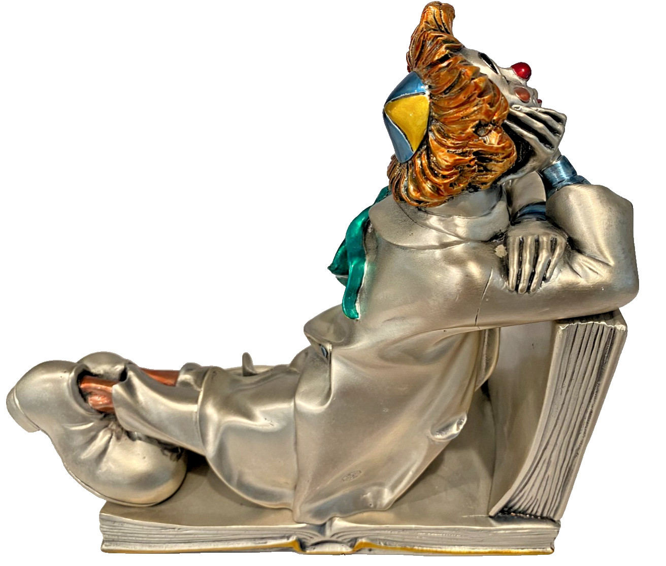 Vintage Mida Italy Silver Clown Figurine ‘Thinking On Book’ Hand Painted