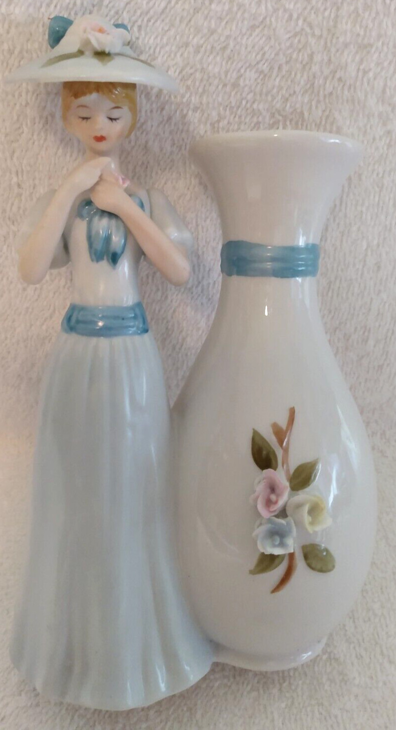Vintage Bud Vase Summer Lady With Flowers Porcelain