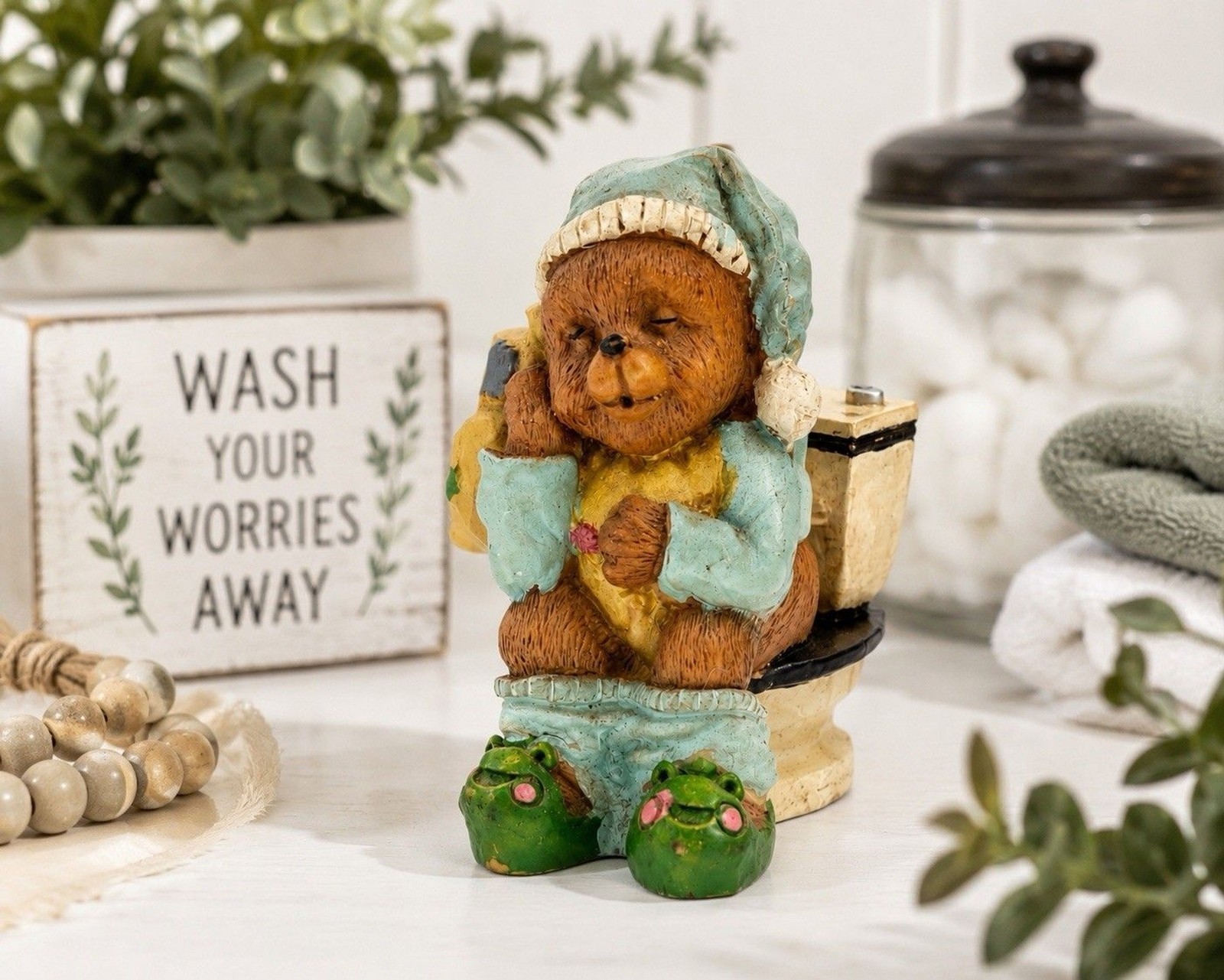 Vintage Teddy Bear On Toilet Figurine Funny Bathroom Decor Hand Painted 1.5″