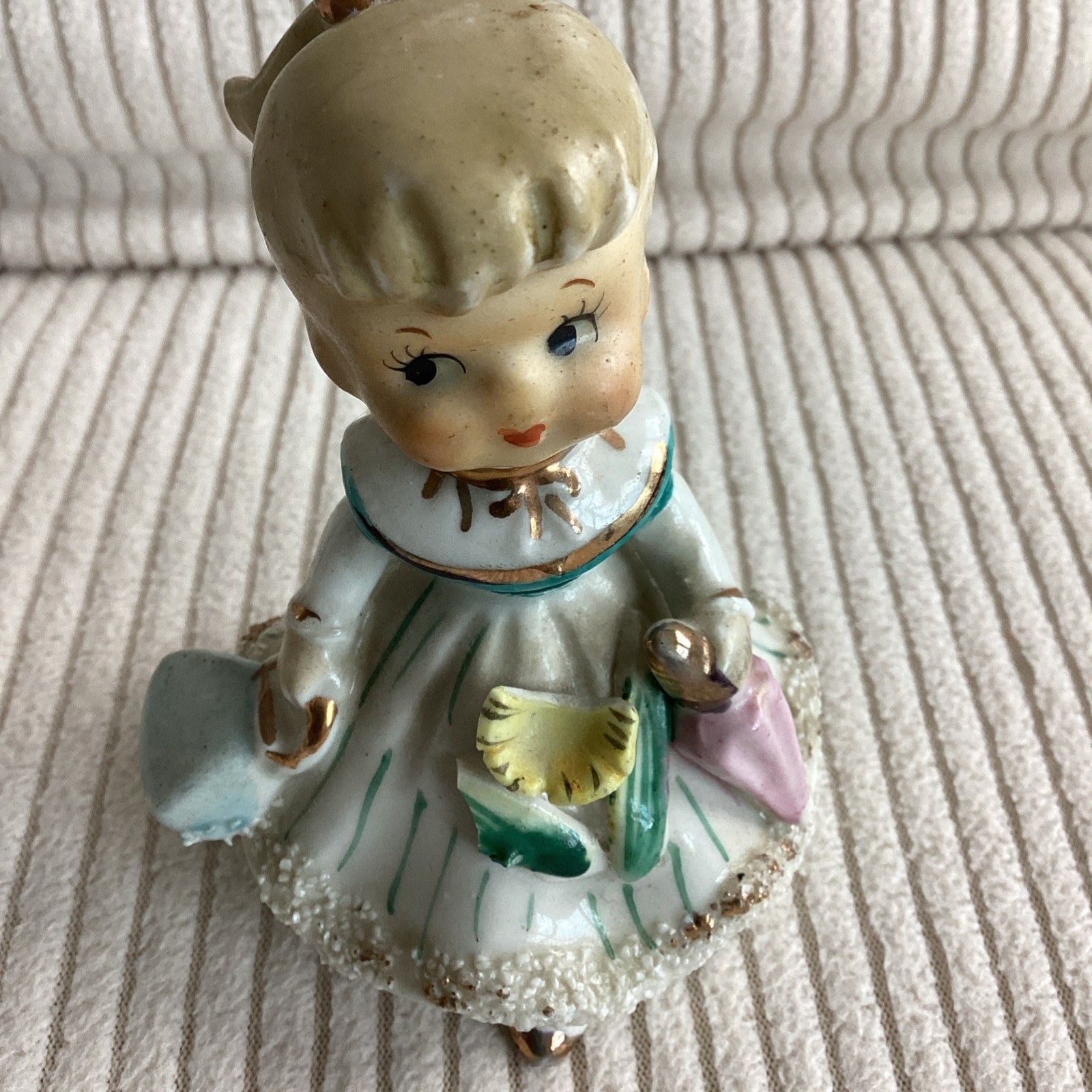 Vintage Wales Blond Girl Figurine Bell, Umbrella, Purse, Flower Japan MARCH HTF