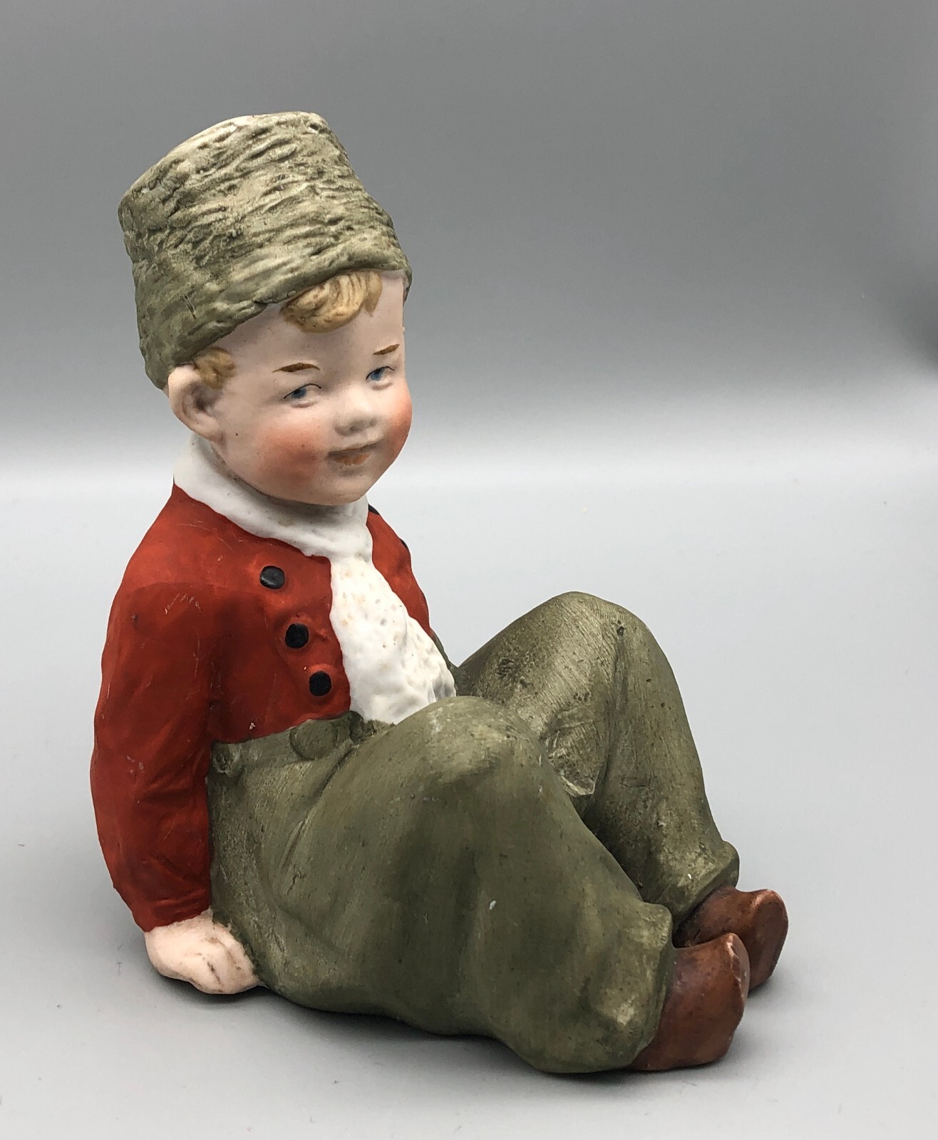 Antique Marked German Heubach Bisque Dutch Boy Sitting Green/Red Figurine