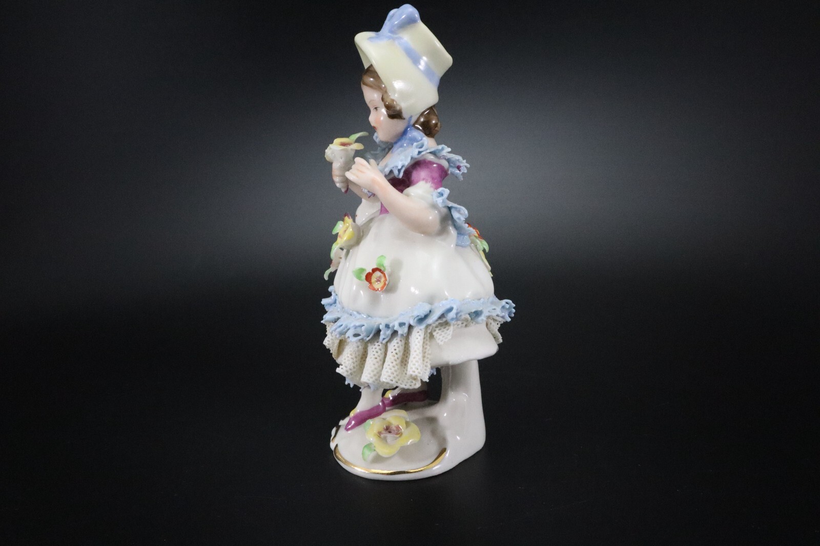 Dresden GIRL in BONNET Porcelain Lace FIGURINE #6 Flowers Germany