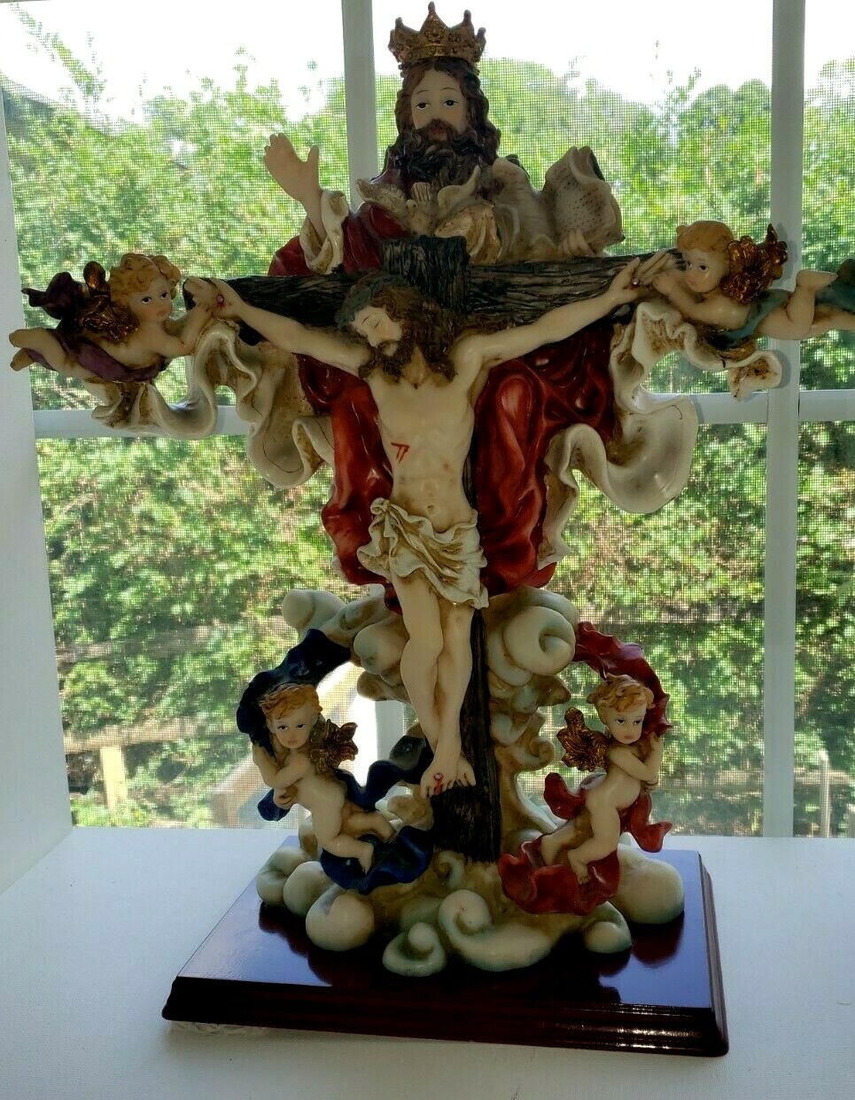 Autom, Holy Trinity – 18″ Resin Sculpture, Self Standing Crucifix on Wooden Base
