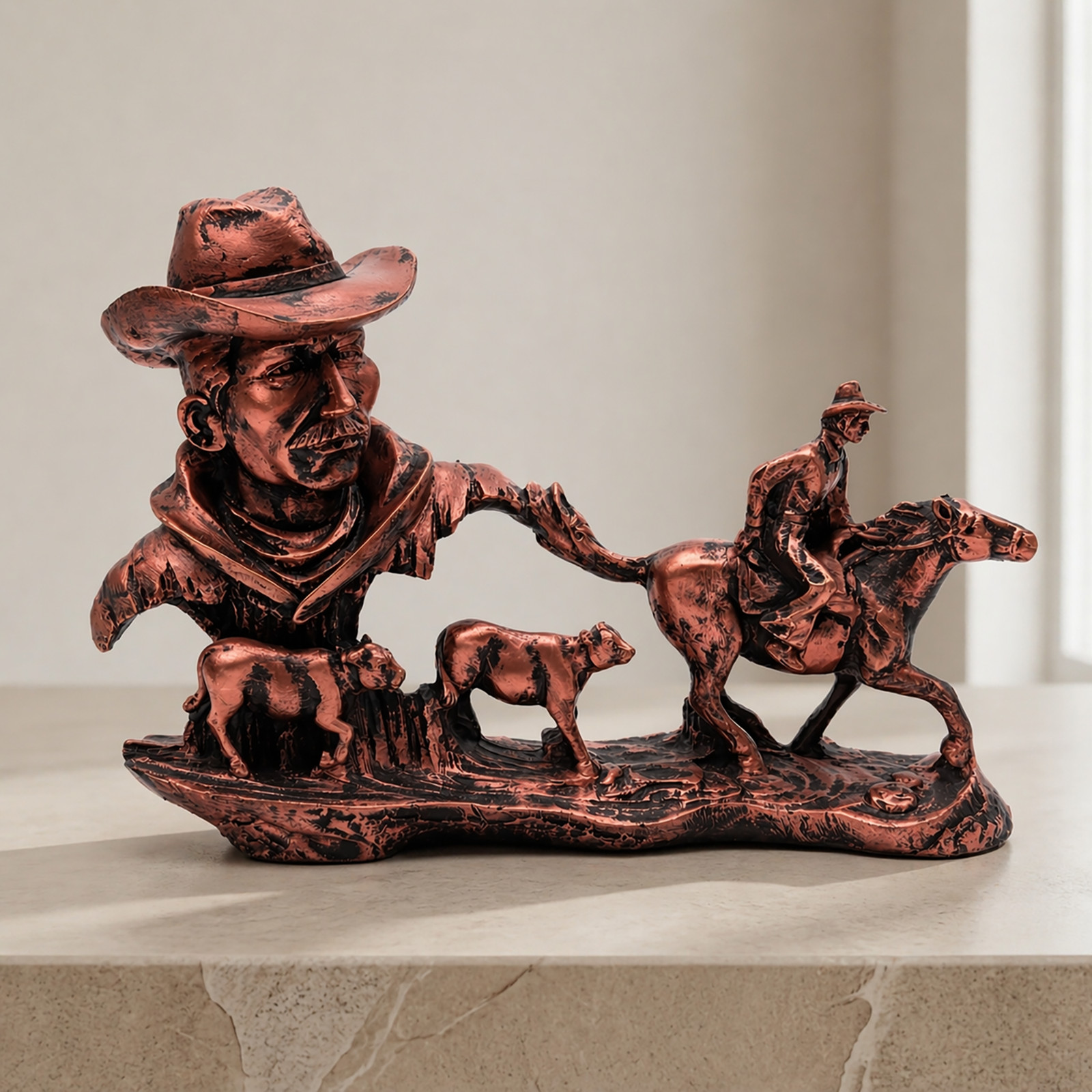 Western Cowboy Statue Horse Rider Cattle Ranch Resin Figurine Rustic Decor