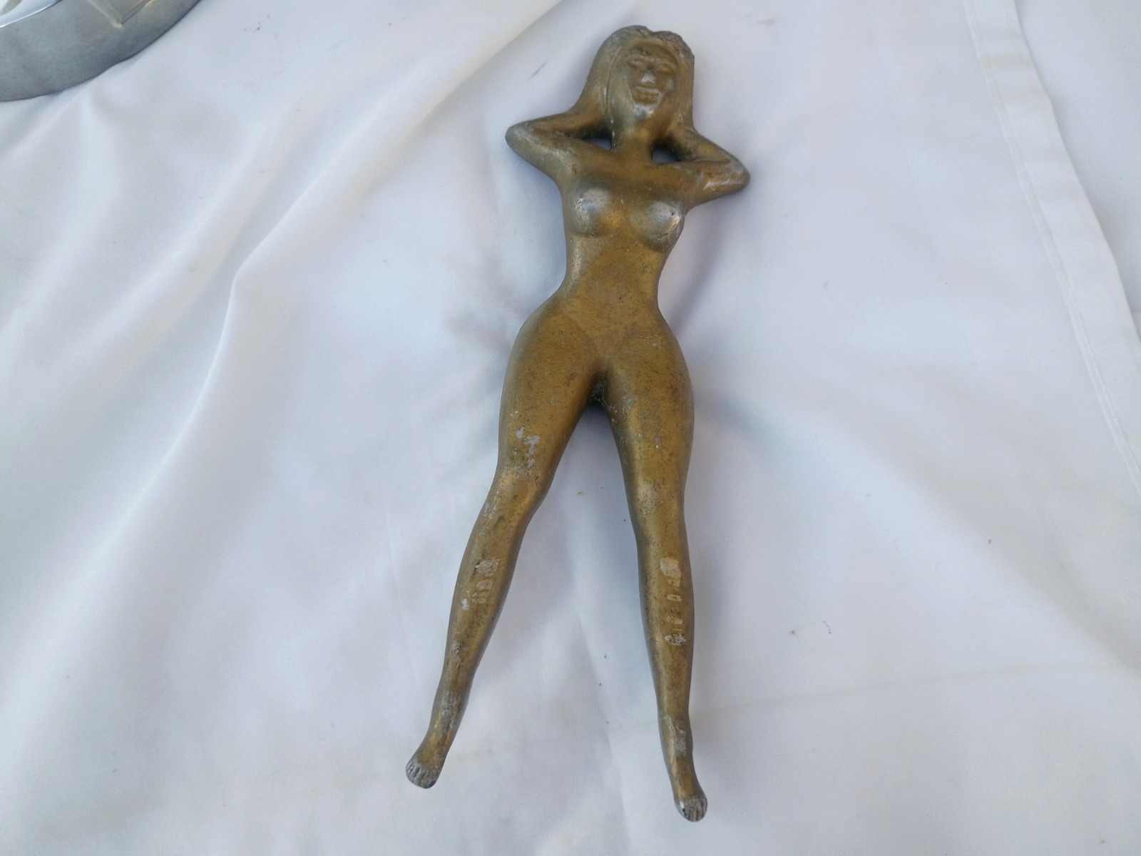 Vtg cast metal naked nude lady Naughty Nellie-style cowboy boot jack / door stop