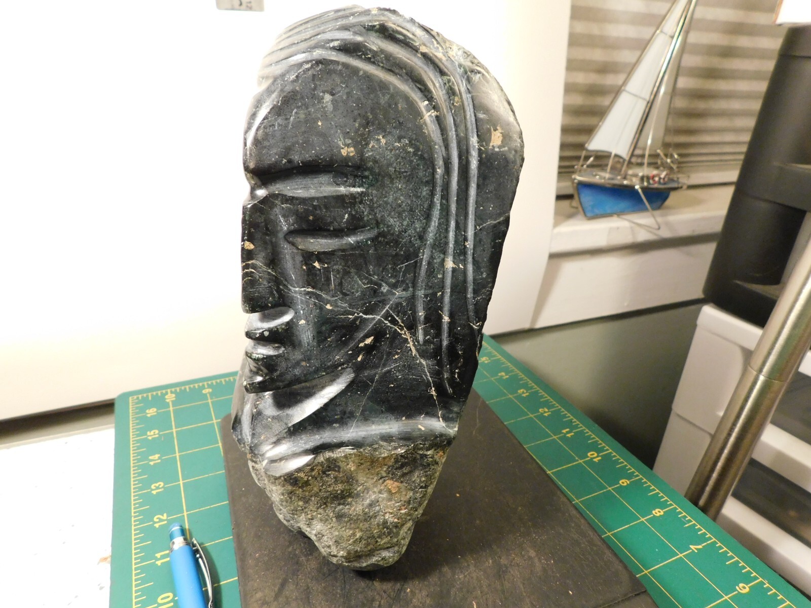 Black Blue Green onyx polished stone carving Indian Face