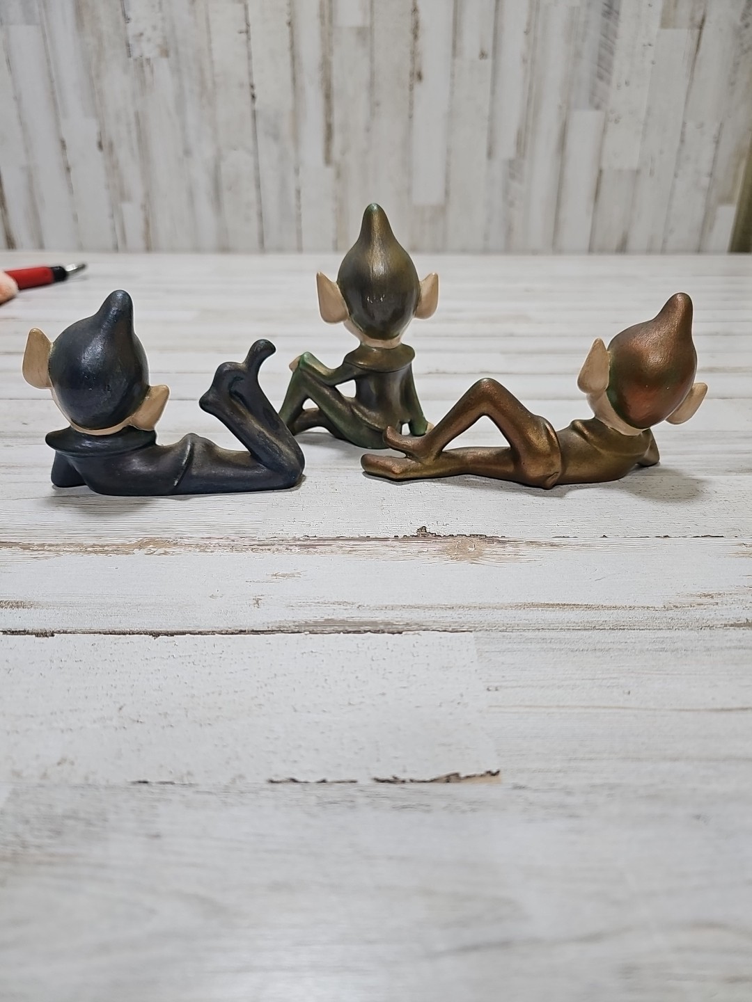 Vintage Ceramic Pixie Elf Figurine Knee Up Pointed Ears MCM Decor Lot Of 3
