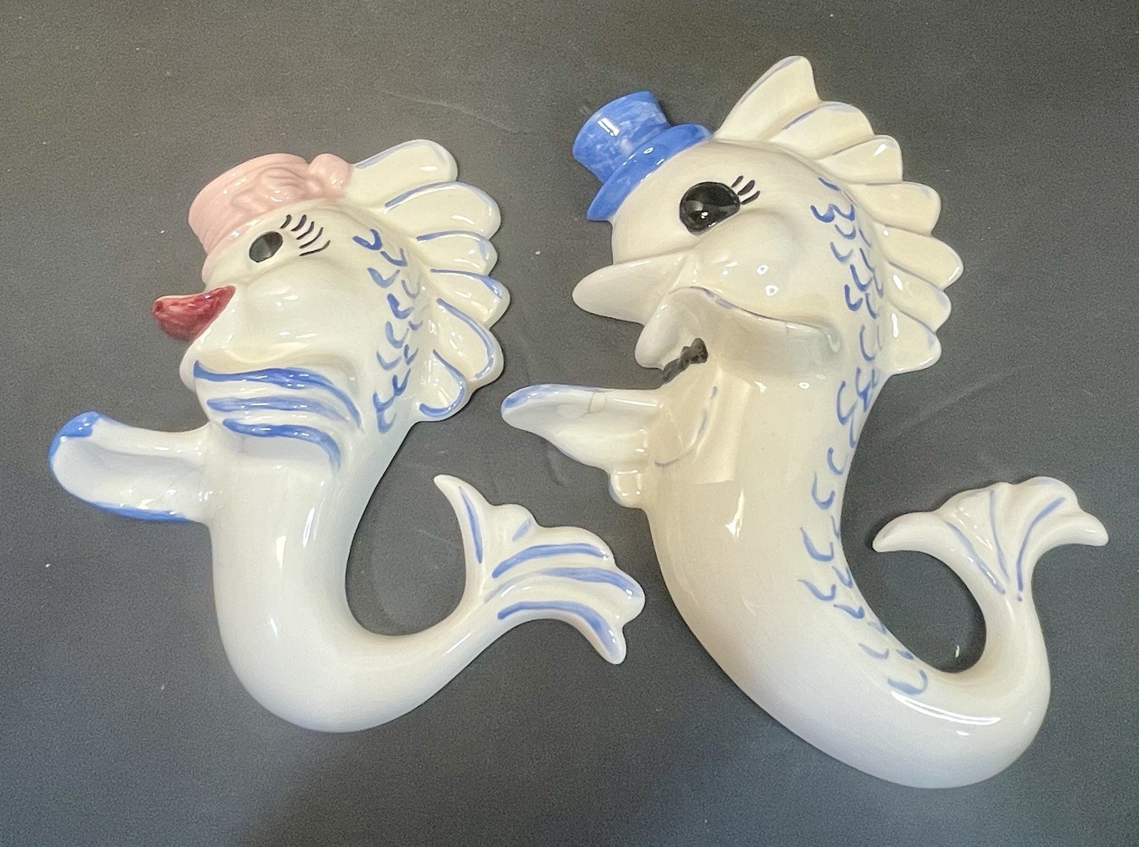 Fish Family Anthropomorphic Kitschy Kitsch 4 Ceramic Wall Plaques Vintage
