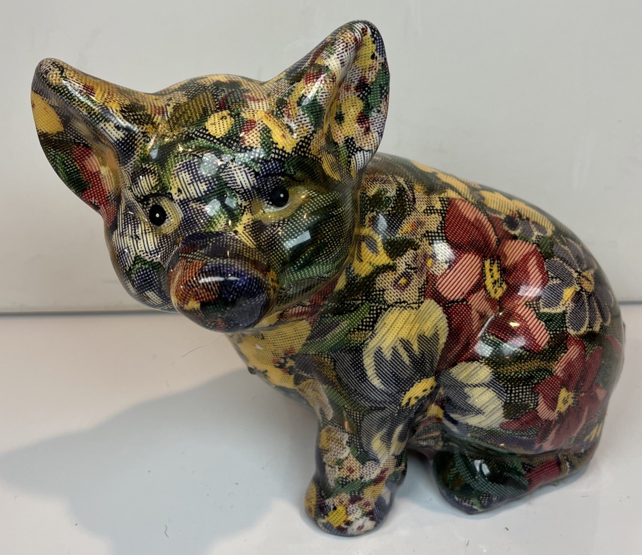Joan Baker Designs Porcelain Decoupage Patchwork Floral Pigs Lot Of 2 Vintage