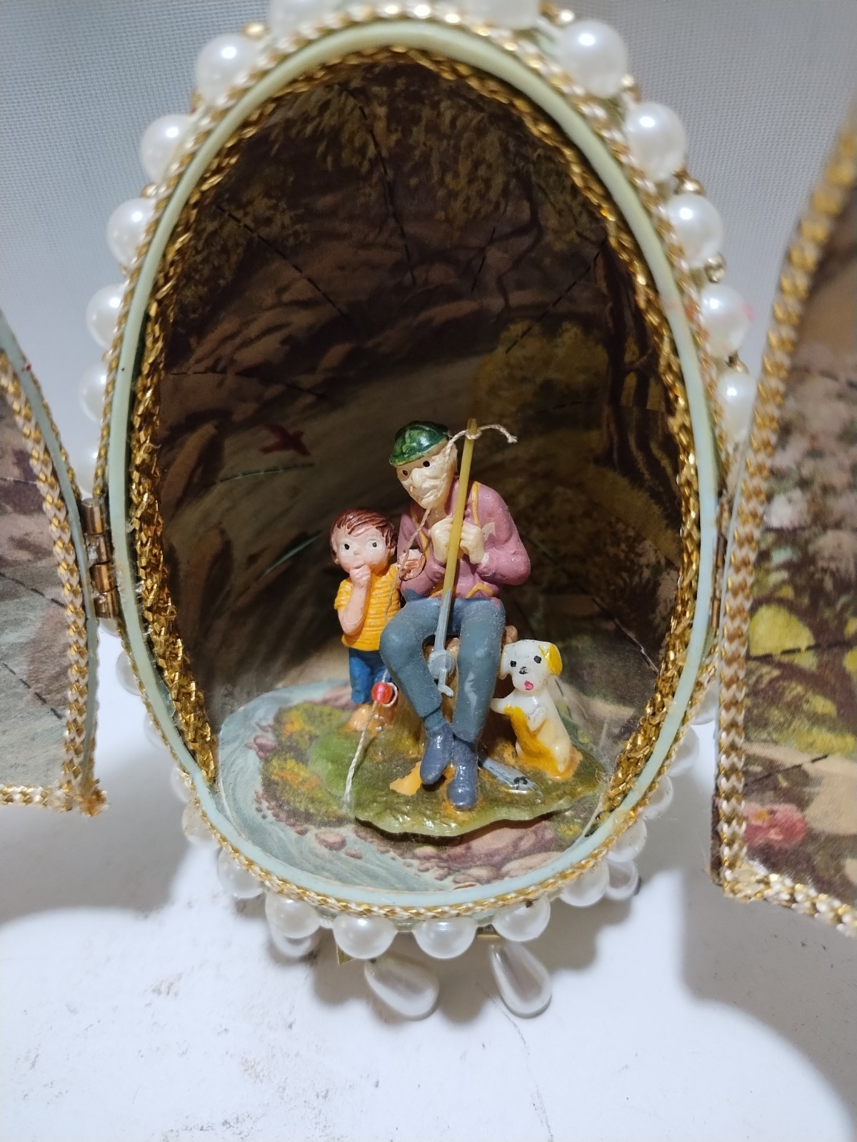 Vintage Diorama Easter Egg Man Fishing W/Child Dog Hinged Door Beaded Goose Egg