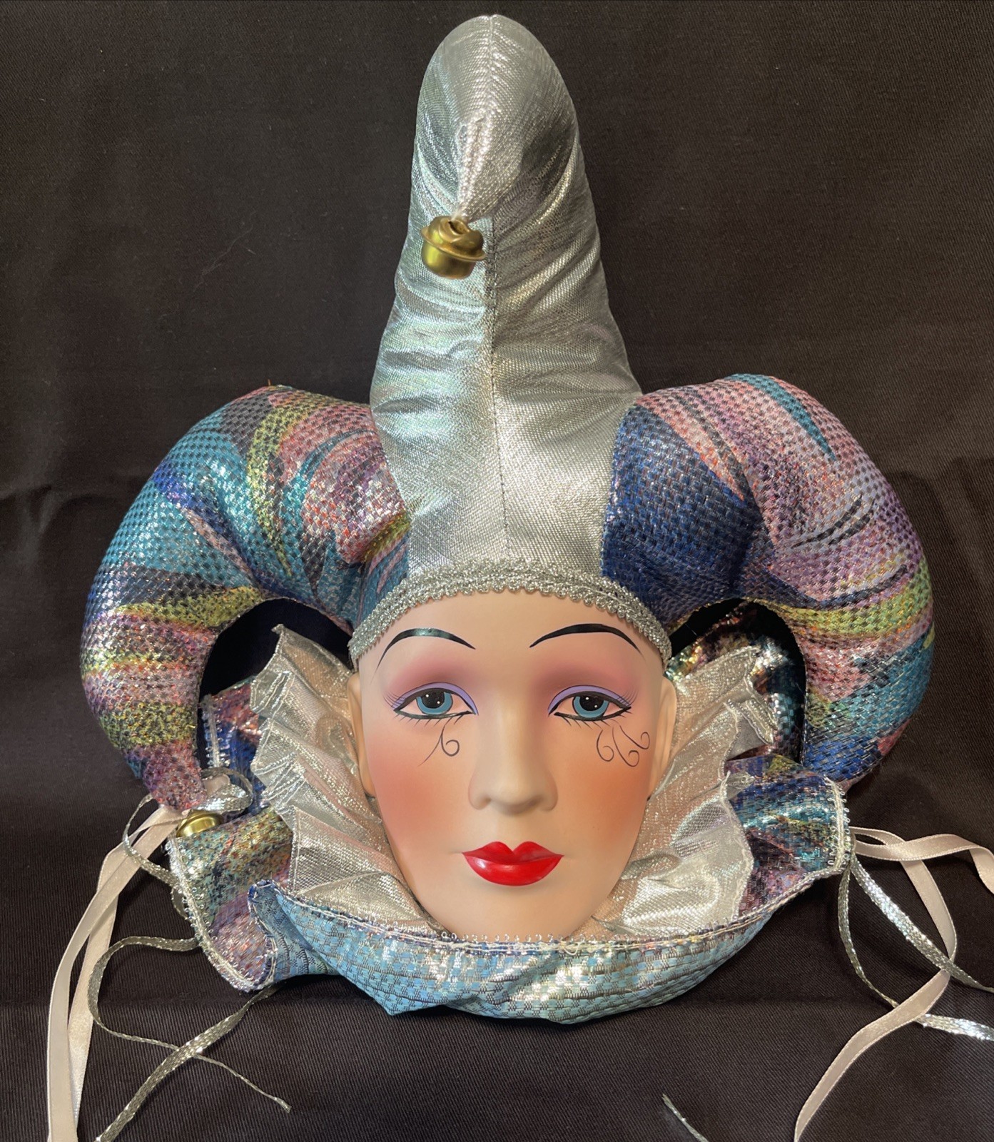 Vintage Jester Face Mardi Gras Ceramic Hand Painted Doll Wall 12”