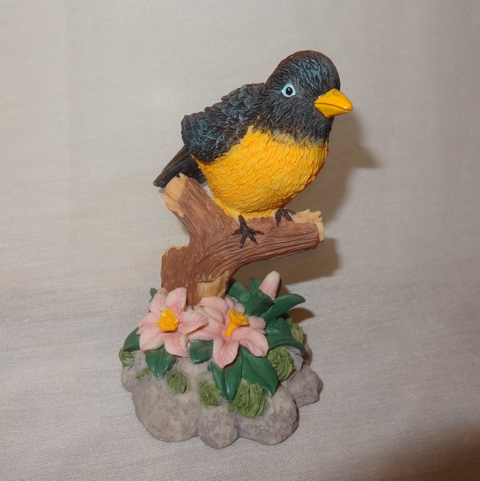Bird on Branch Black Yellow Figurine 4″ Resin Pink Flowers